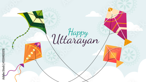  Colorful kites flying in the sky with the words Happy Uttarayan in a festive font White clouds add serenity to the scene capturing the joy vibrant colors and celebratory mood of the festival