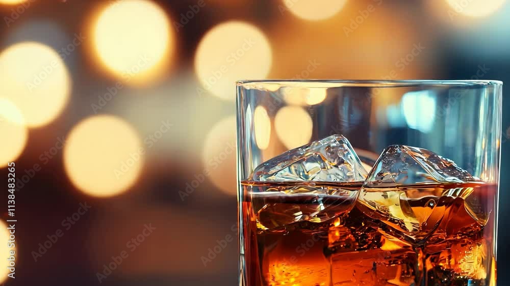 Whiskey on the rocks served in a stylish glass with bokeh lights in the background, Glass of whiskey with ice on bokeh light background, suggesting warm, festive atmosphere Whiskey on the rocks served in a stylish glass with bokeh lights in the background, Glass of whiskey with ice on bokeh light background, suggesting warm, festive atmosphere