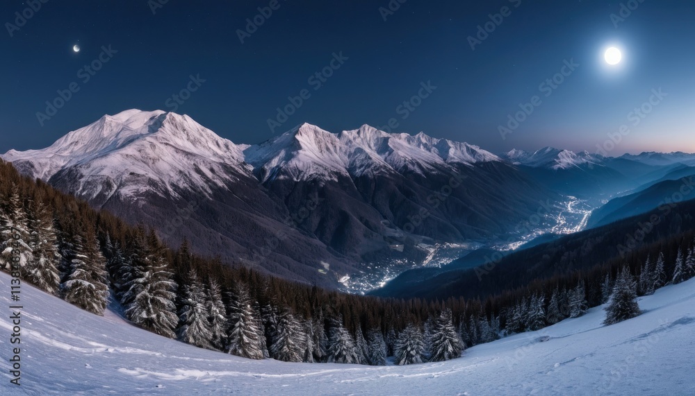 Snowy Mountain View with Clear Sky and Bright Moon Snowy Mountain View with Clear Sky and Bright Moon