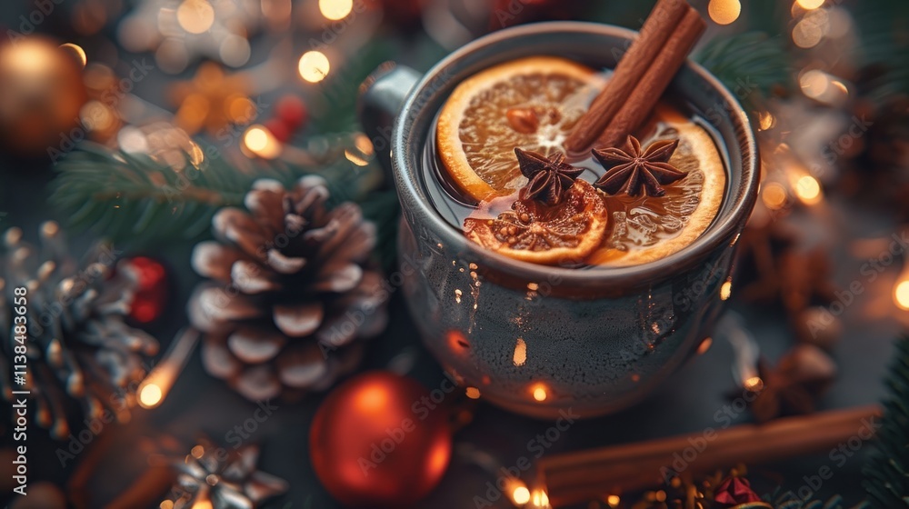Warm spiced beverage in mug with Christmas ornaments. Warm spiced beverage in mug with Christmas ornaments.