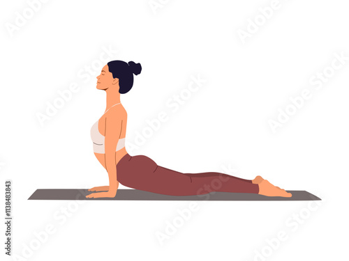 Happy woman training yoga on mat, workout for healthy spine muscles. Girl doing cobra pose, upward facing dog on the floor. Vector illustration isolated on white background