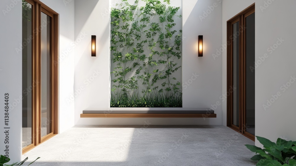 Modern minimalist courtyard with bench, green wall, and natural light. Modern minimalist courtyard with bench, green wall, and natural light.
