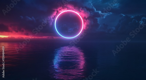 Neon Ring Above Calm Ocean ...