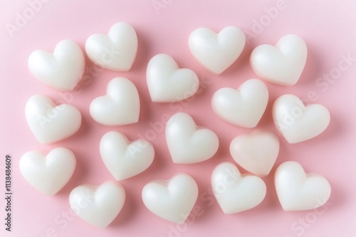 A collection of white hearts arranged on a bright pink surface