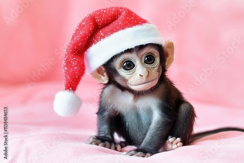 A cute baby monkey wearing a Santa hat on a pink blanket, great for holiday decorations or Christmas-themed marketing materials photo