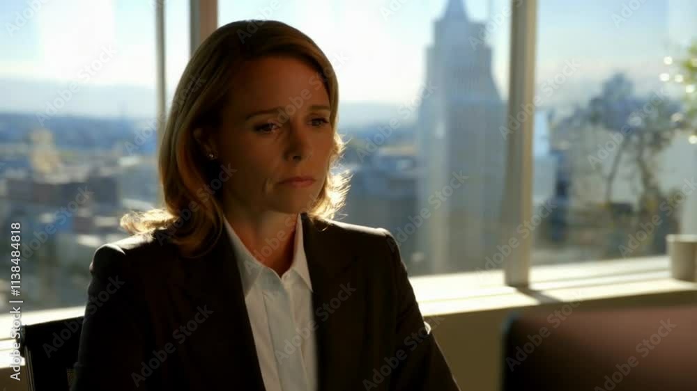 A professional woman in a business suit sits thoughtfully in a modern office setting with a city skyline view in the background on a bright sunny day. A professional woman in a business suit sits thoughtfully in a modern office setting with a city skyline view in the background on a bright sunny day.