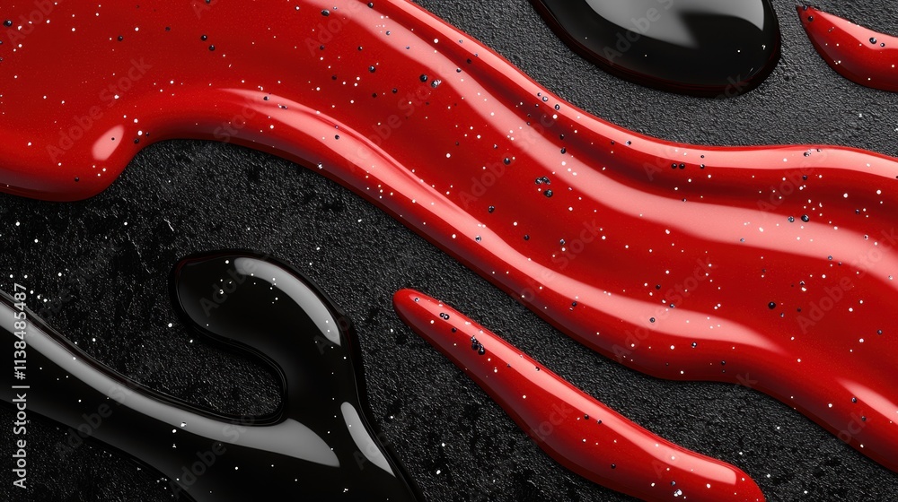 Obraz premium Close-up of glossy red and black liquid surface with a speckled texture creating an abstract and visually striking pattern on a dark background.