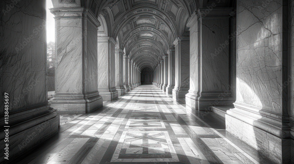 Sunlit marble colonnade hallway. Sunlit marble colonnade hallway.