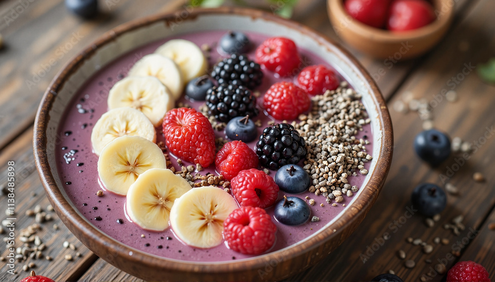 Spring Vitamin Deficiency. Smoothie bowl topped with chia seeds, banana, and granola on rustic wooden table Spring Vitamin Deficiency. Smoothie bowl topped with chia seeds, banana, and granola on rustic wooden table
