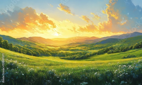 Golden Sunset Over Rolling Green Hills And Meadows