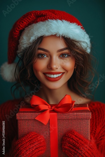 Copyspace. Isolated white black midlife woman in red christmas cap with festive time box in hands, on green background. Kid santa meetup. Green christmas costume. Christmas studio photography. photo