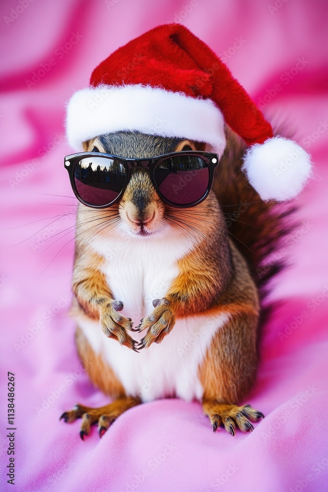 A squirrel wearing a Santa hat and sunglasses, perfect for holiday-themed images or marketing materials A squirrel wearing a Santa hat and sunglasses, perfect for holiday-themed images or marketing materials