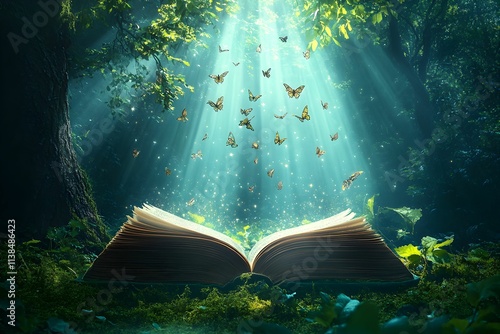 Fototapeta Naklejka Na Ścianę i Meble -  Illuminated open book surrounded by butterflies in a serene forest setting
