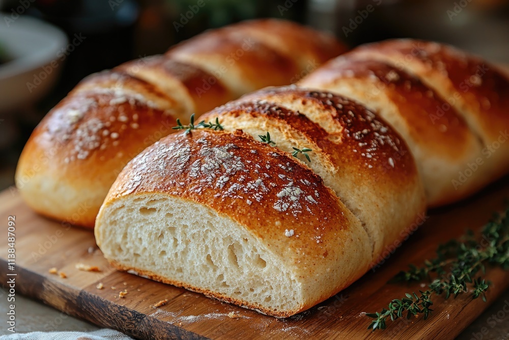 A close-up shot of freshly baked bread sitting on a wooden cutting board, ideal for use in food-related content such as recipes or product promotions A close-up shot of freshly baked bread sitting on a wooden cutting board, ideal for use in food-related content such as recipes or product promotions
