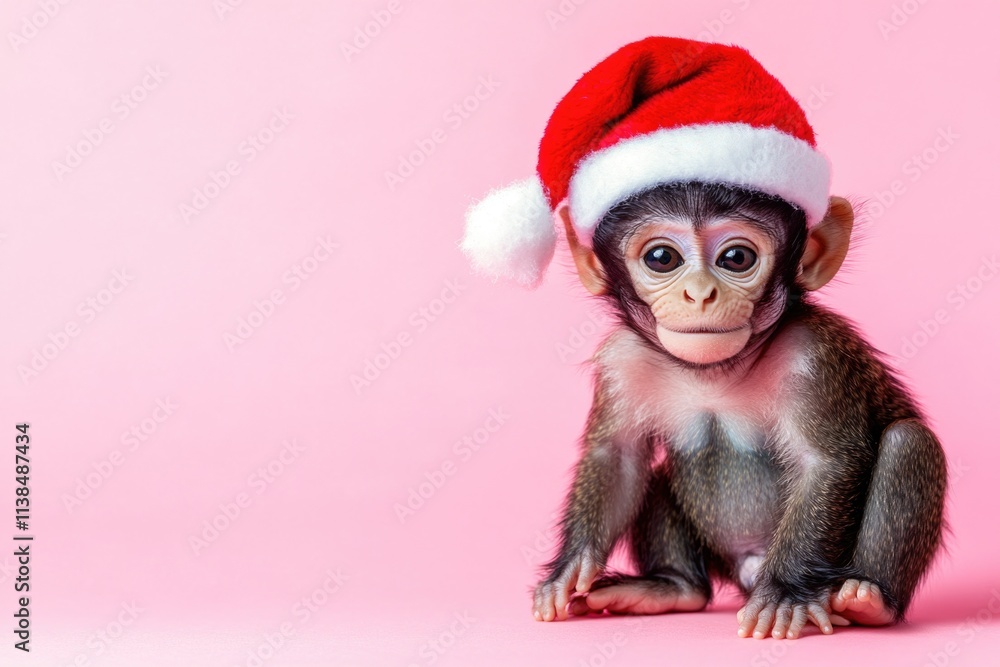 A curious baby monkey is dressed as Santa Claus, sitting on a bright pink background A curious baby monkey is dressed as Santa Claus, sitting on a bright pink background