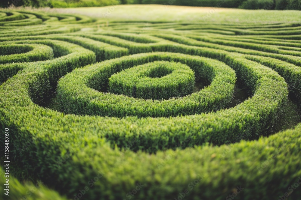 A large circular hedge maze in the middle of a green field A large circular hedge maze in the middle of a green field