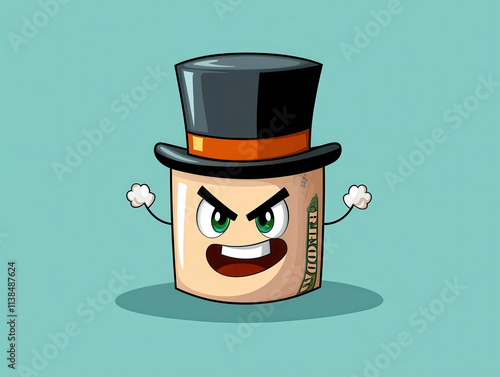 Cartoonish dollar bill character with top hat and sly expression, exuding confidence and charm. Perfect for playful designs and financial themes photo