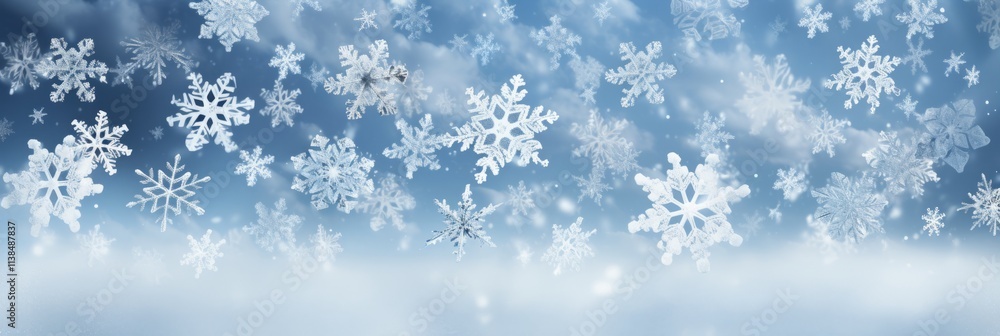 Beautiful and Detailed Close-Up of Falling Snowflakes Against a Soft Blue Background Illustrating the Unique Patterns and Intricate Designs of Winter's Frozen Crystals Beautiful and Detailed Close-Up of Falling Snowflakes Against a Soft Blue Background Illustrating the Unique Patterns and Intricate Designs of Winter's Frozen Crystals