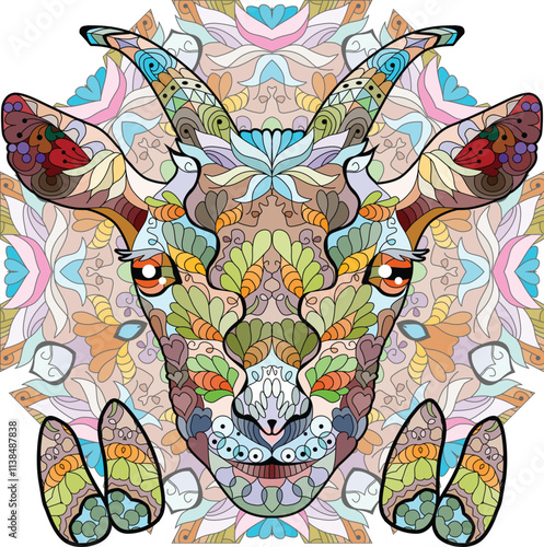 Zentangle goat head hooves on mandala. Hand drawn decorative vector illustration