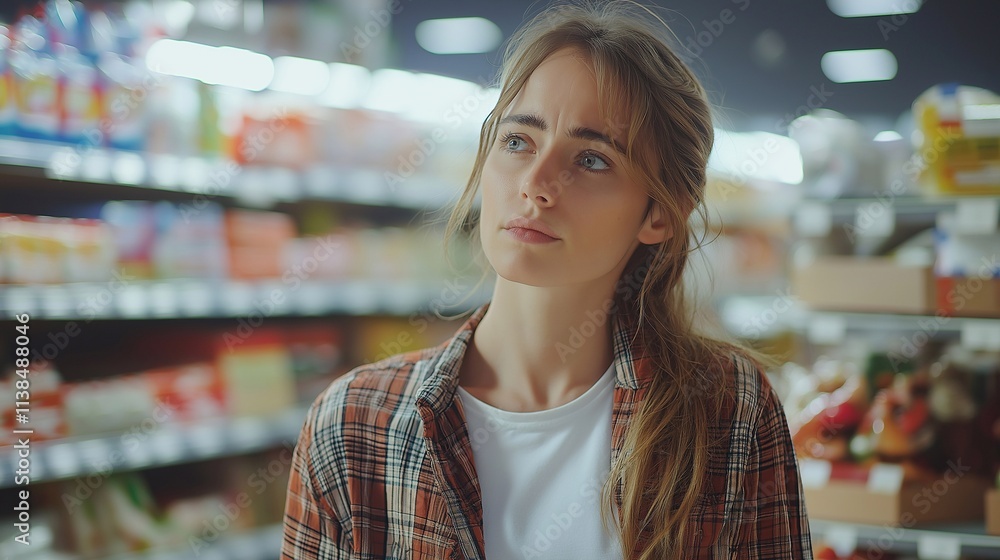 thoughtful woman shopping in supermarket,buyer thoughtful woman shopping in supermarket,buyer