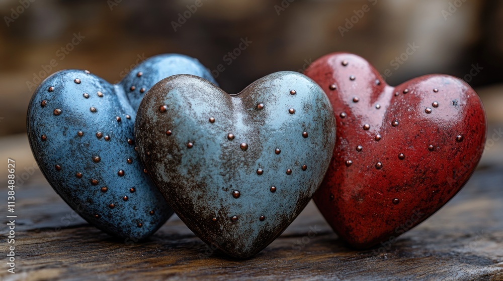 Obraz premium Three heart-shaped stones placed on a wooden table, great for decorative use or as a symbol of love and affection