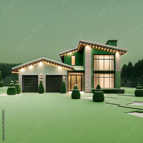 A large house with a garage and a driveway. The house has a lot of windows and a large front porch