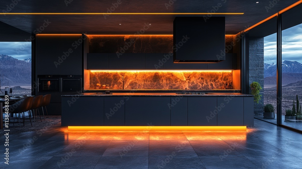 Modern kitchen with sleek design and ambient lighting, showcasing a stylish culinary space. Modern kitchen with sleek design and ambient lighting, showcasing a stylish culinary space.