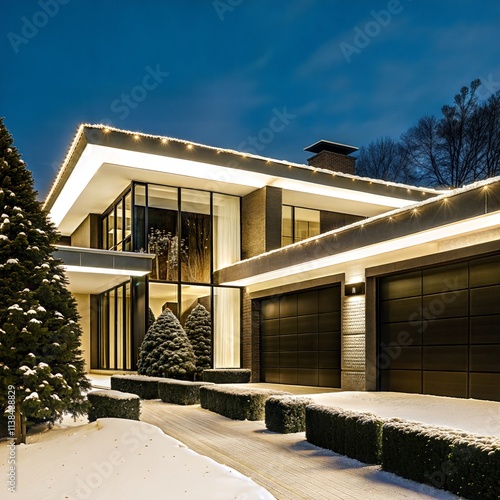 A large house with a garage and a driveway. The house has a lot of windows and a large front porch