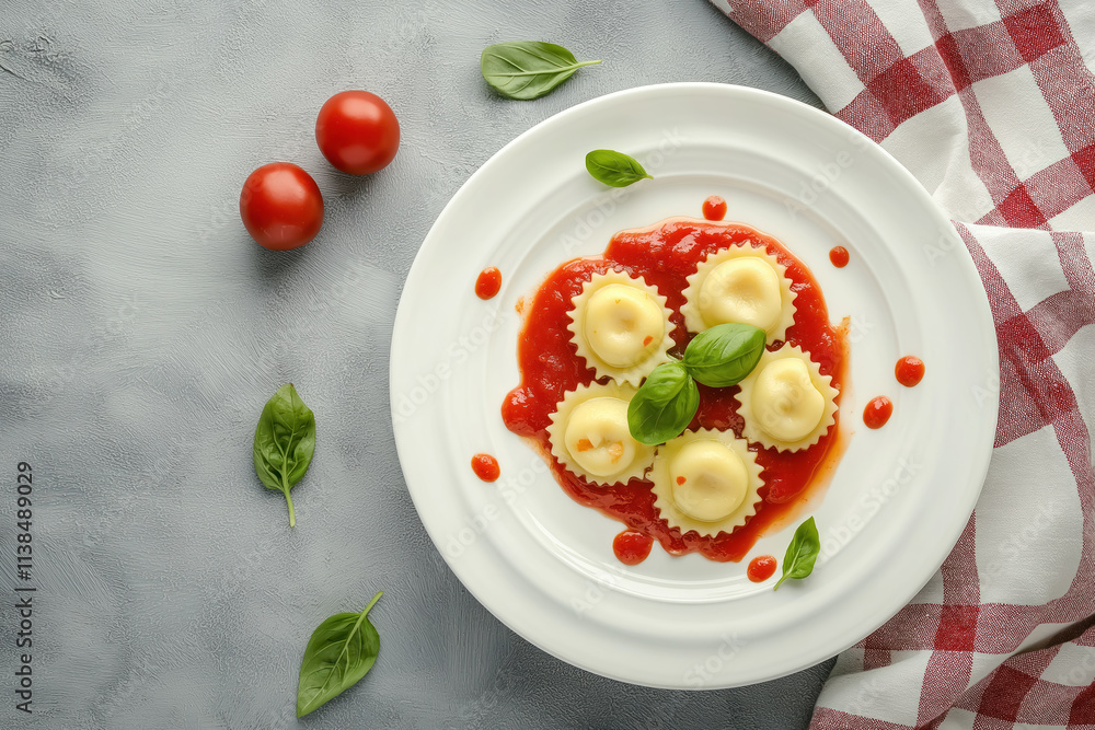 ravioli with tomato sauce garnished with fresh basil on a white plate, ideal for fine dining, gingham towel 