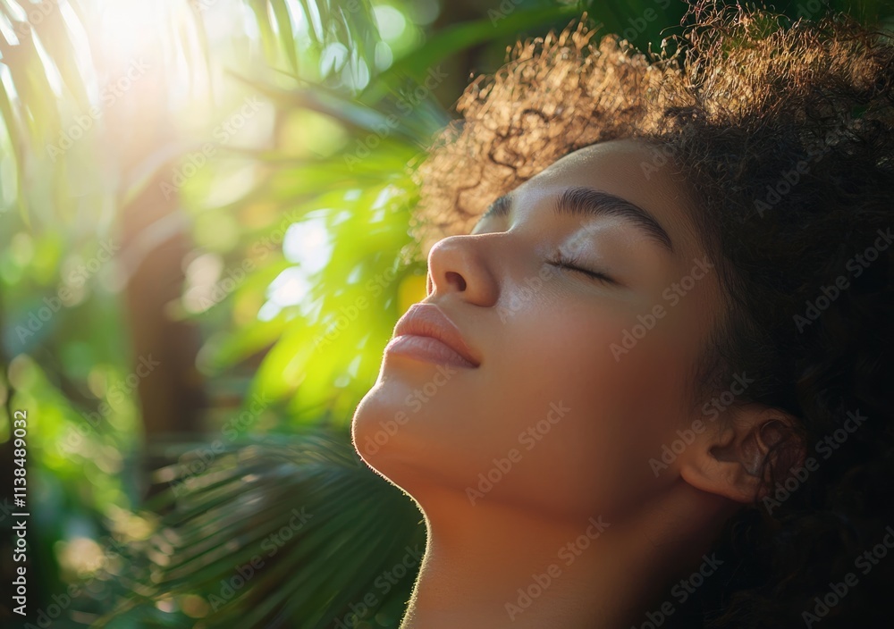 Wide angle shot of a young woman lying down, enjoying a spa massage, with her eyes closed and smiling. Warm sunlight shines through the green trees on both sides. She has beautiful skin texture,Ai. Wide angle shot of a young woman lying down, enjoying a spa massage, with her eyes closed and smiling. Warm sunlight shines through the green trees on both sides. She has beautiful skin texture,Ai.