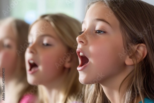 Young girls singing together, holding microphones