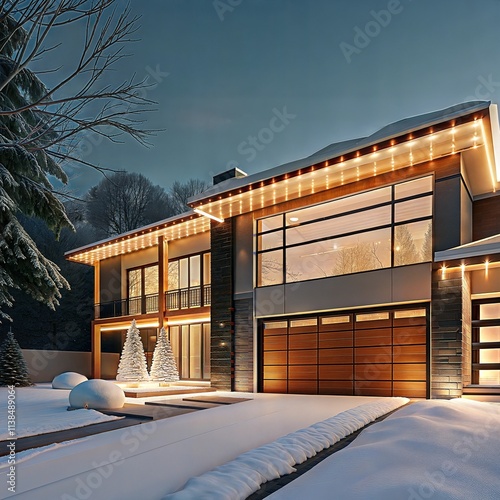 A house with a garage and a driveway. The house is lit up with lights. The garage is open