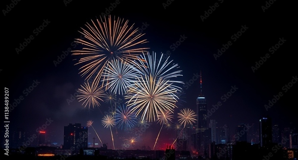 Blue and gold fireworks bursting in the night sky, creating a vibrant background for festive new year banners and holiday designs. Blue and gold fireworks bursting in the night sky, creating a vibrant background for festive new year banners and holiday designs.