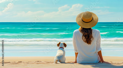 Back View of Woman in White Shirt and Straw Hat Sitting on Beach with Dog and Ocean Horizon photo