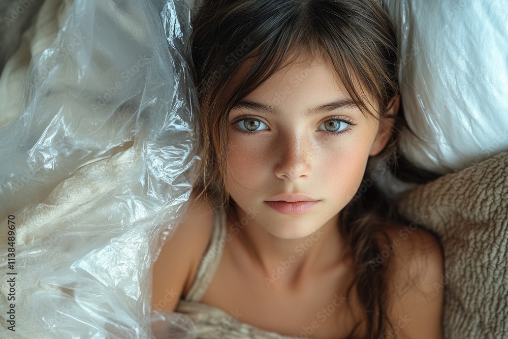 A young girl reclining on a bed covered with plastic sheeting, possibly for storage or cleaning A young girl reclining on a bed covered with plastic sheeting, possibly for storage or cleaning