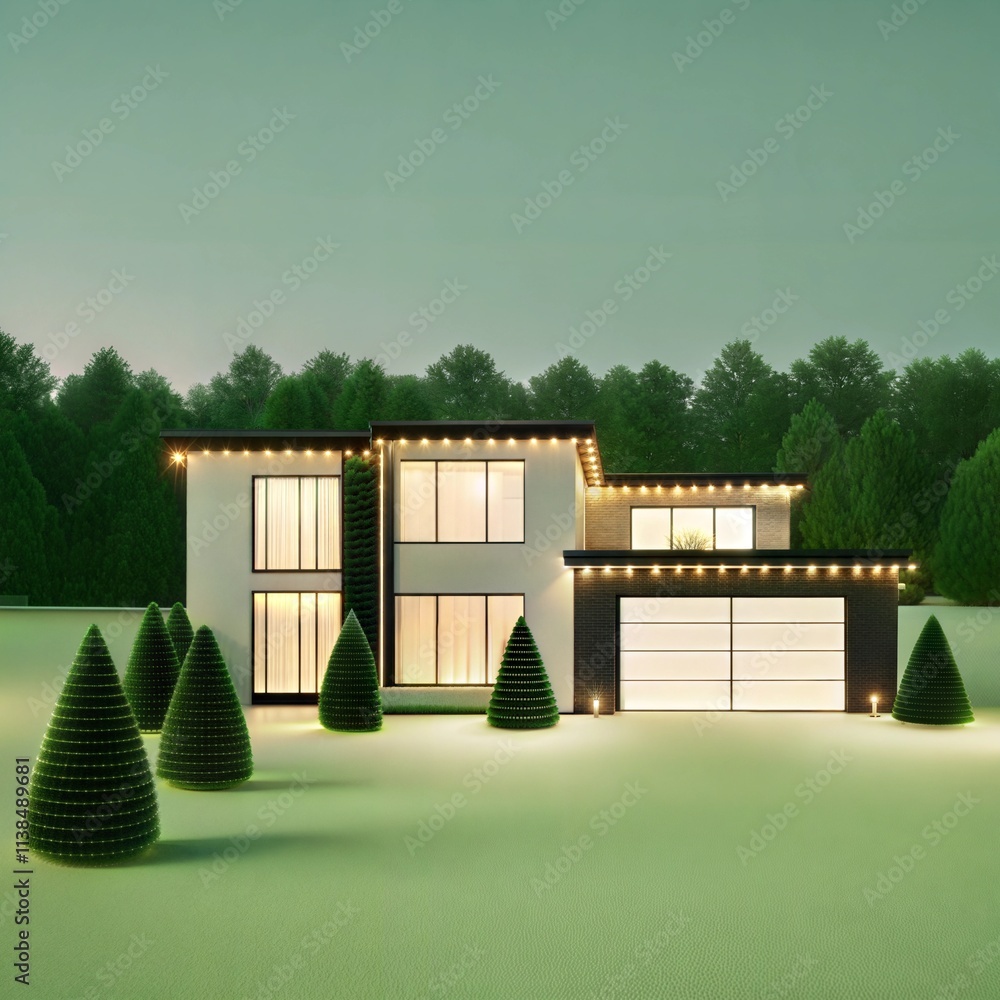 A house with a garage and a driveway. The house is lit up with lights. The garage is open A house with a garage and a driveway. The house is lit up with lights. The garage is open