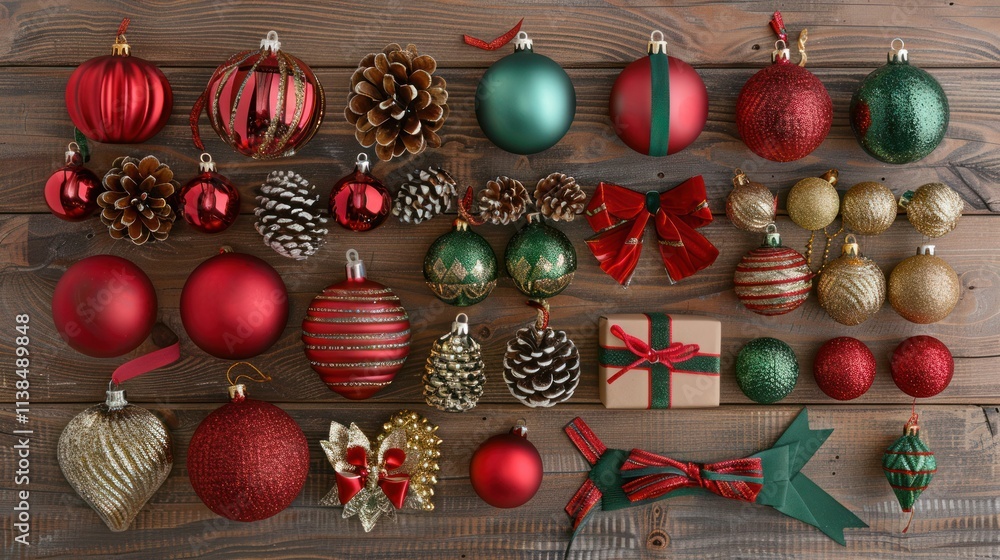 Festive Christmas ornaments and decorations on wood. Festive Christmas ornaments and decorations on wood.