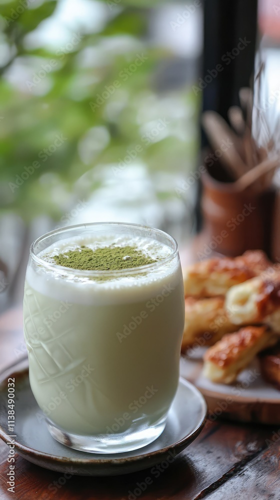 Refreshing Green Matcha Latte in a Glass with Foam, Surrounded by Soft Baked Pastries on a Wooden Table in a Cozy Cafe Setting Refreshing Green Matcha Latte in a Glass with Foam, Surrounded by Soft Baked Pastries on a Wooden Table in a Cozy Cafe Setting