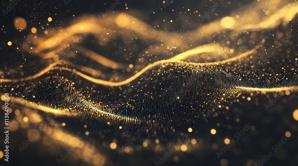 Golden Particles Flowing Across Dark Background Golden Particles Flowing Across Dark Background