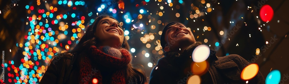 A joyful couple gazing upwards at shimmering lights, embodying festive happiness and love. A joyful couple gazing upwards at shimmering lights, embodying festive happiness and love.