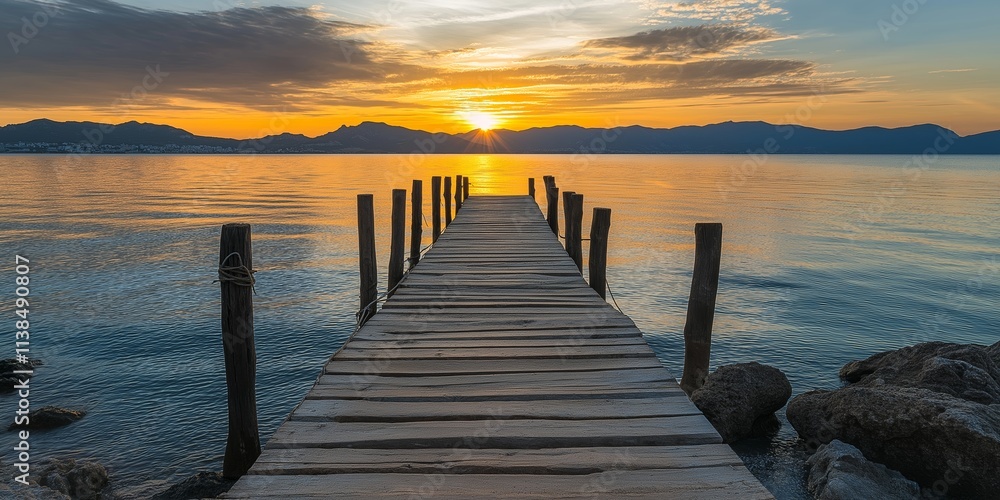 Obraz premium A peaceful dock leads to a stunning sunset reflecting on tranquil waters.