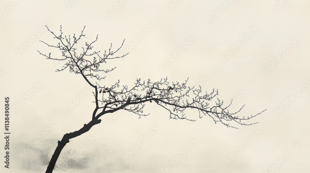 Obraz premium Silhouette of a bare tree branch against a light beige sky.