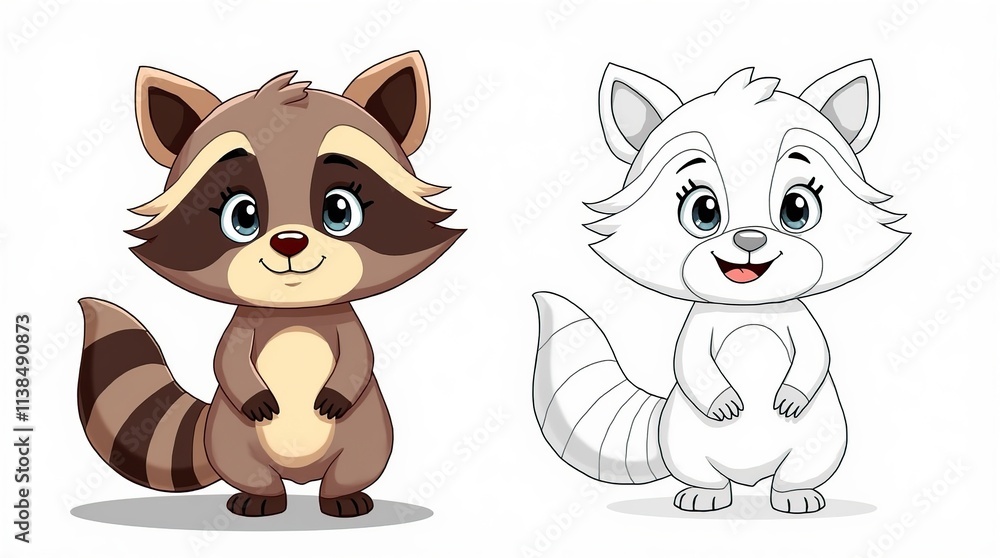 Fototapeta premium Adorable Cartoon Raccoon Characters in Colorful and Outline Versions