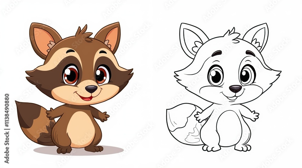 Fototapeta premium Adorable Raccoon Cartoon with Colorful and Outline Versions