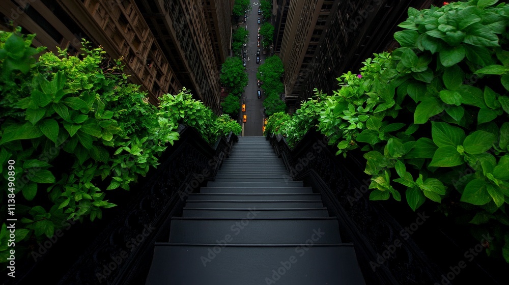 Urban Oasis: A verdant stairway descends into a hidden urban sanctuary, lush greenery framing the path. A captivating perspective, perfect for evoking tranquility and mystery. Urban Oasis: A verdant stairway descends into a hidden urban sanctuary, lush greenery framing the path. A captivating perspective, perfect for evoking tranquility and mystery.