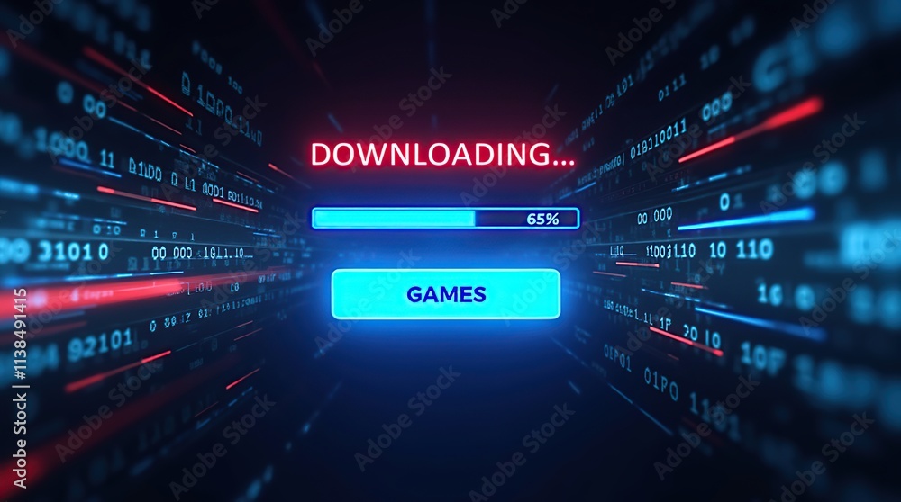 Futuristic Digital Download Screen with Bold Downloading Message