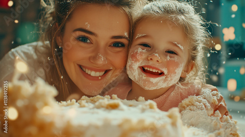 Joyful mother and daughter baking together with flour fun photo