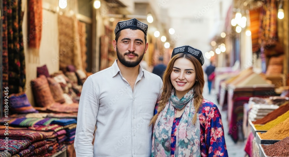Smiling young central asian couple in traditional bazaar setting