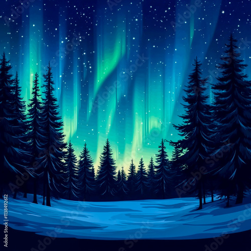 Northern Lights Over a Snowy Forest at Night with Pine Trees photo