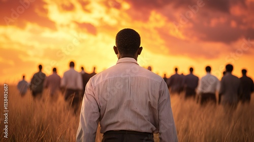 Black history month, Man Walking Away at Sunset Group of People in Field Golden Hour Rural Scene